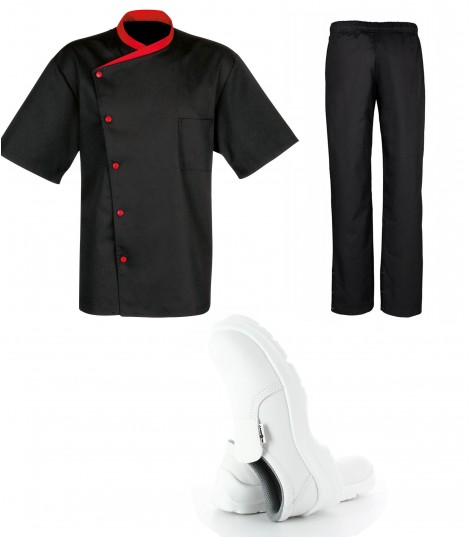 Kit vêtement de cuisine malin noir avec veste pantalon et chaussure bragard
